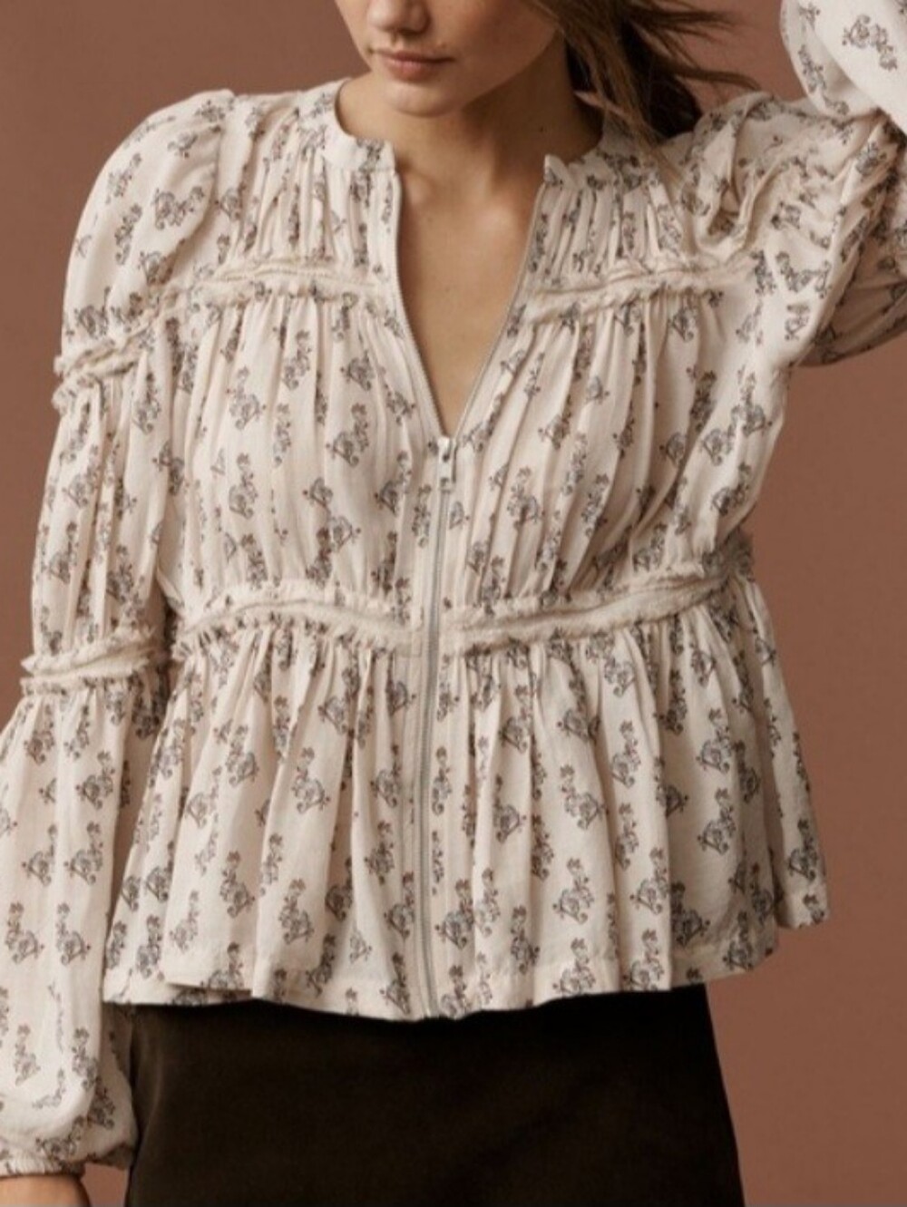 Anthropologie Long Sleeve Ruched Floral Zipper Blouse Top NEW NWT Boho